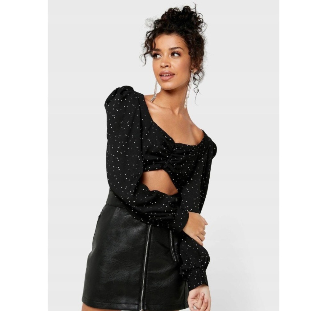 TOPSHOP Long Sleeve Black & White Polka Dot Crop Top Size 6